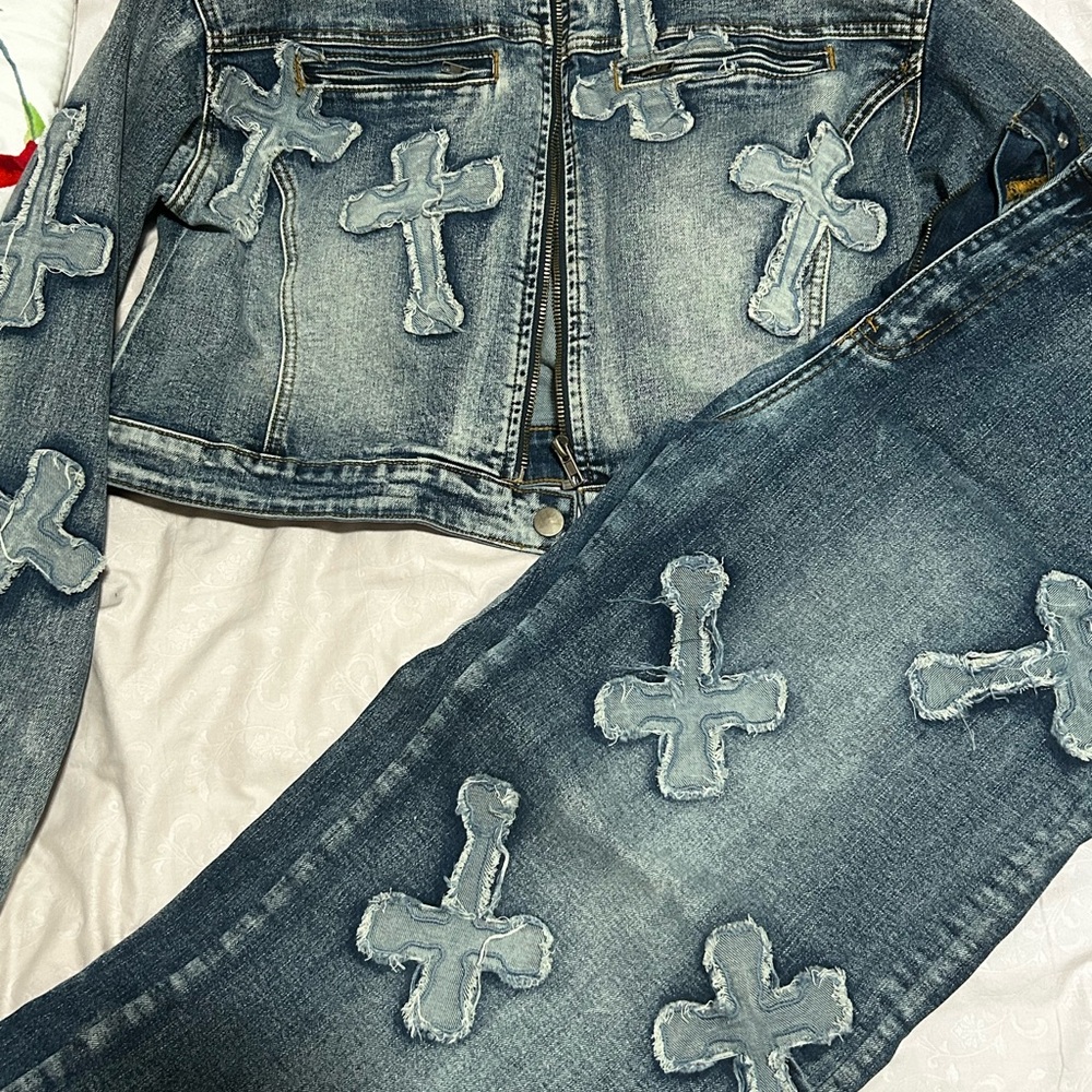 Women’s Blue Denim Jeans with Cross Patches
